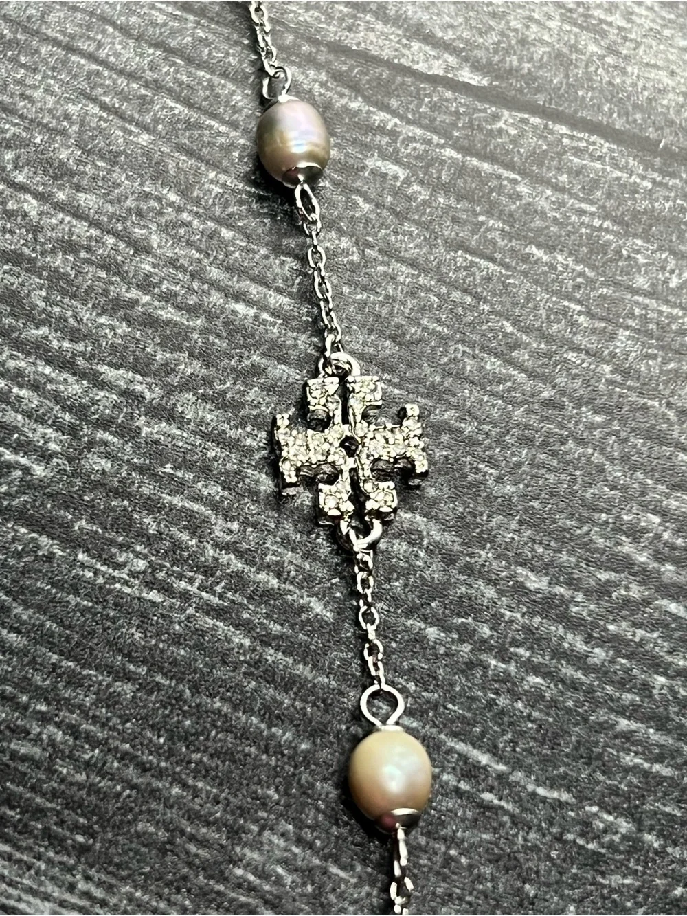 Tory Burch Silver Chain Bracelet with Pearl Stations and Logo Cross